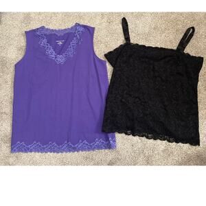 Coldwater Creek Sleeveless Blouse Bundle(2)Purple V-neck Lace&Black Camisole, XL